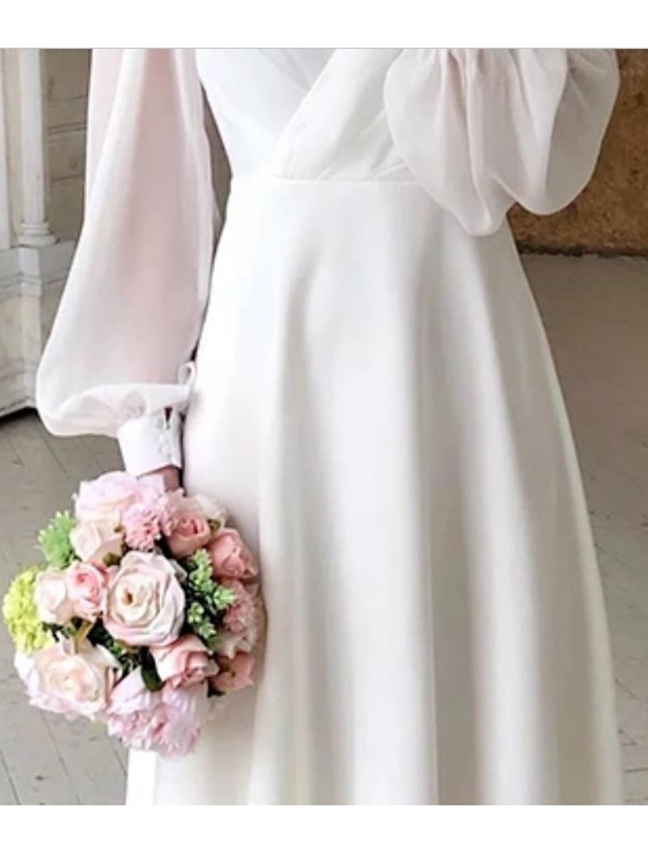 Elegant V-Neck Puff Sleeve Midi Bridal Dress - Back View | Lavisa
