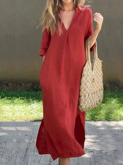 Women's V-Neck Relaxed-Fit Cotton Linen Maxi Dress - Front View | Lavisa