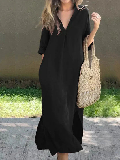 Women's V-Neck Relaxed-Fit Cotton Linen Maxi Dress - Side Angle | Lavisa