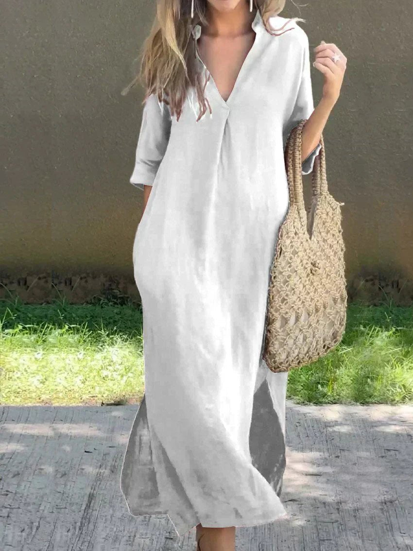 Women's V-Neck Relaxed-Fit Cotton Linen Maxi Dress - Back View | Lavisa