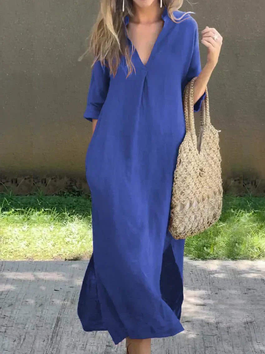 Women's V-Neck Relaxed-Fit Cotton Linen Maxi Dress - Close-Up Texture & Detail | Lavisa