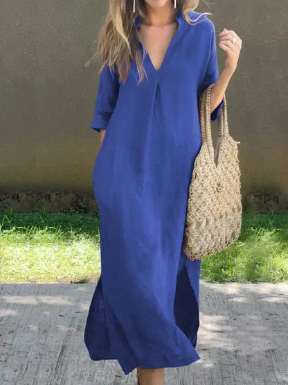 Women's V-Neck Relaxed-Fit Cotton Linen Maxi Dress - Close-Up Texture & Detail | Lavisa