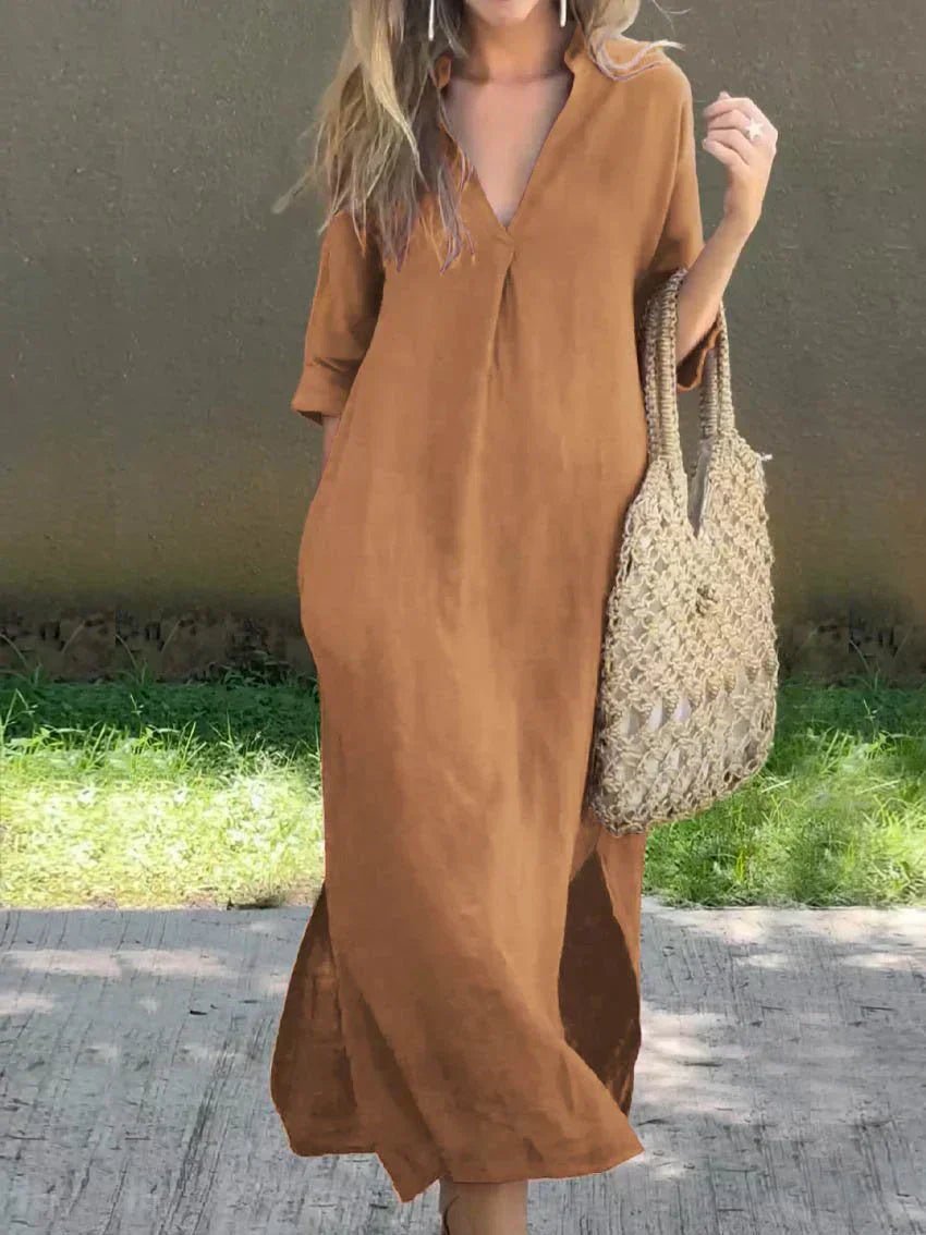 Women's V-Neck Relaxed-Fit Cotton Linen Maxi Dress - Sole & Material View | Lavisa