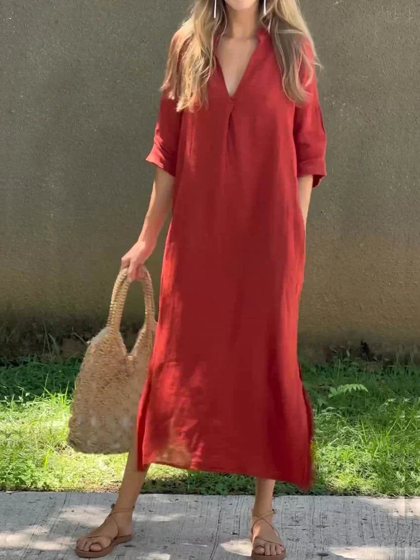 Women's V-Neck Relaxed-Fit Cotton Linen Maxi Dress - Lifestyle & Model Angle | Lavisa