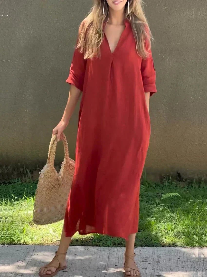 Women's V-Neck Relaxed-Fit Cotton Linen Maxi Dress - Variant Angle | Lavisa