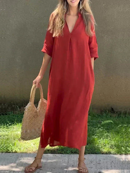 Women's V-Neck Relaxed-Fit Cotton Linen Maxi Dress - Variant Angle | Lavisa