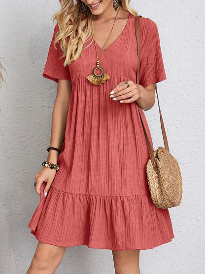 Women's V-Neck Short-Sleeve Tiered Babydoll Swing Dress - Front View | Lavisa