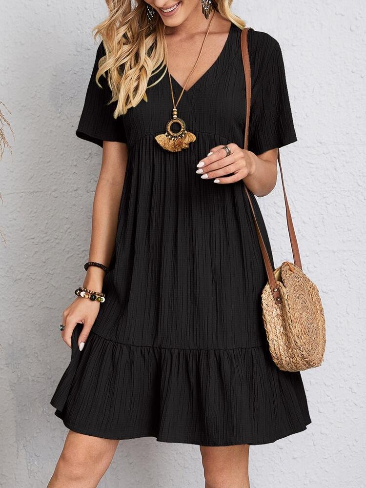 Women's V-Neck Short-Sleeve Tiered Babydoll Swing Dress - Back View | Lavisa