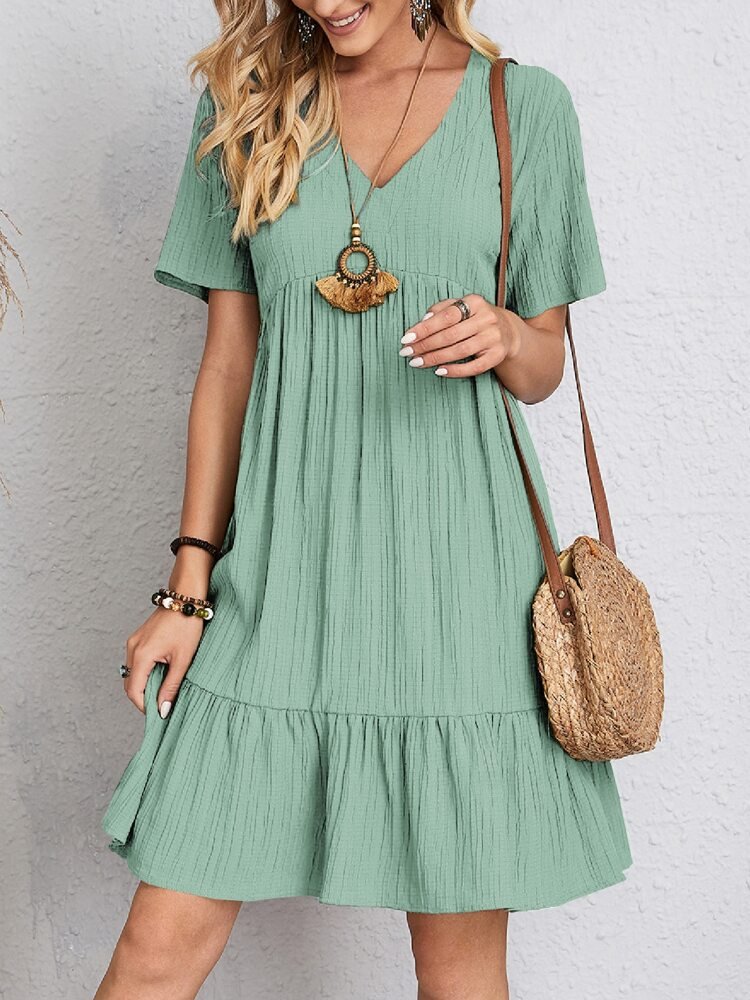 Women's V-Neck Short-Sleeve Tiered Babydoll Swing Dress - Sole & Material View | Lavisa