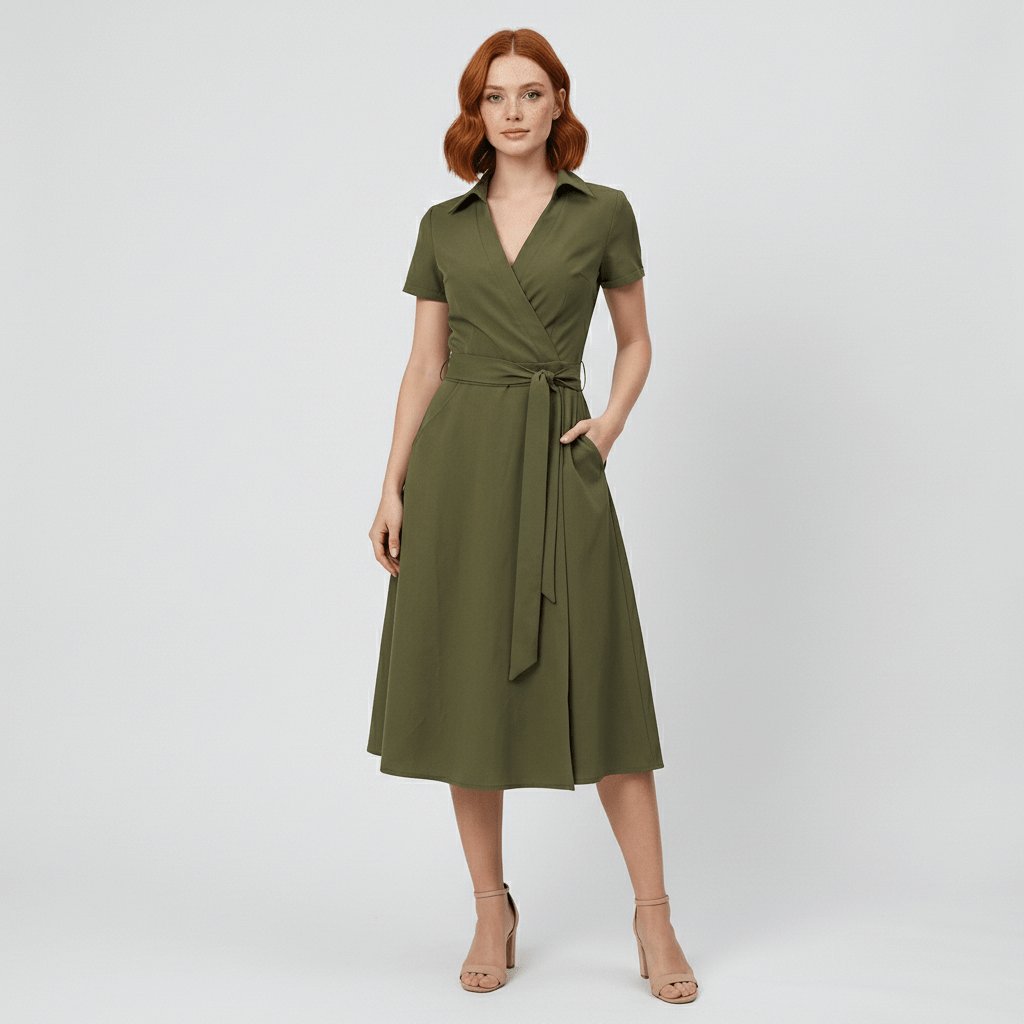 Women's V-Neck Wrap-Style A-Line Midi Dress Waist Tie - Front View | Lavisa