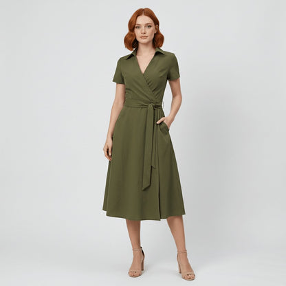 Women's V-Neck Wrap-Style A-Line Midi Dress Waist Tie - Front View | Lavisa