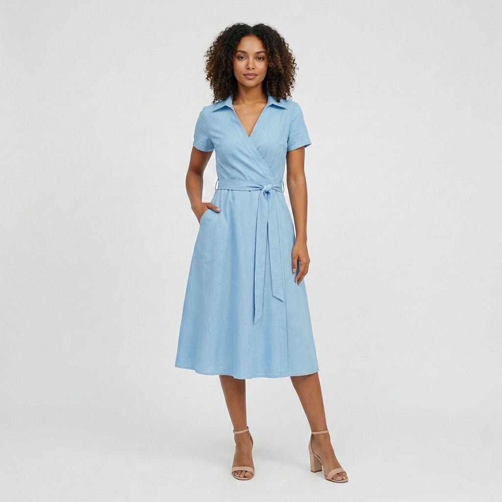 Women's V-Neck Wrap-Style A-Line Midi Dress Waist Tie - Variant Style 10 | Lavisa