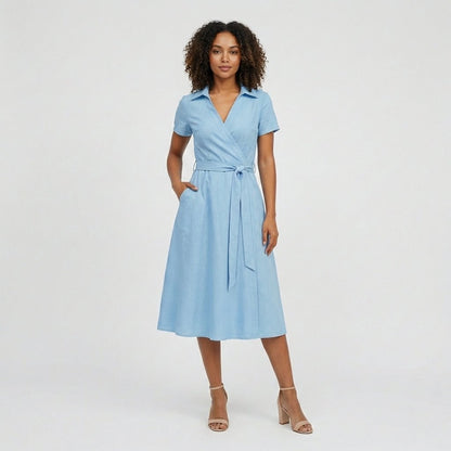 Women's V-Neck Wrap-Style A-Line Midi Dress Waist Tie - Variant Style 10 | Lavisa
