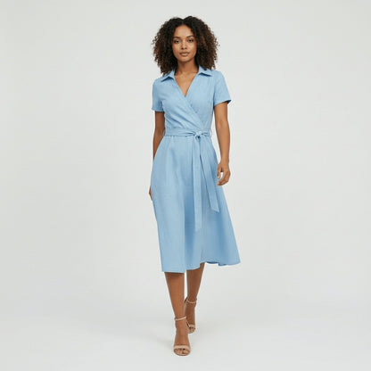 Women's V-Neck Wrap-Style A-Line Midi Dress Waist Tie - Variant Style 11 | Lavisa