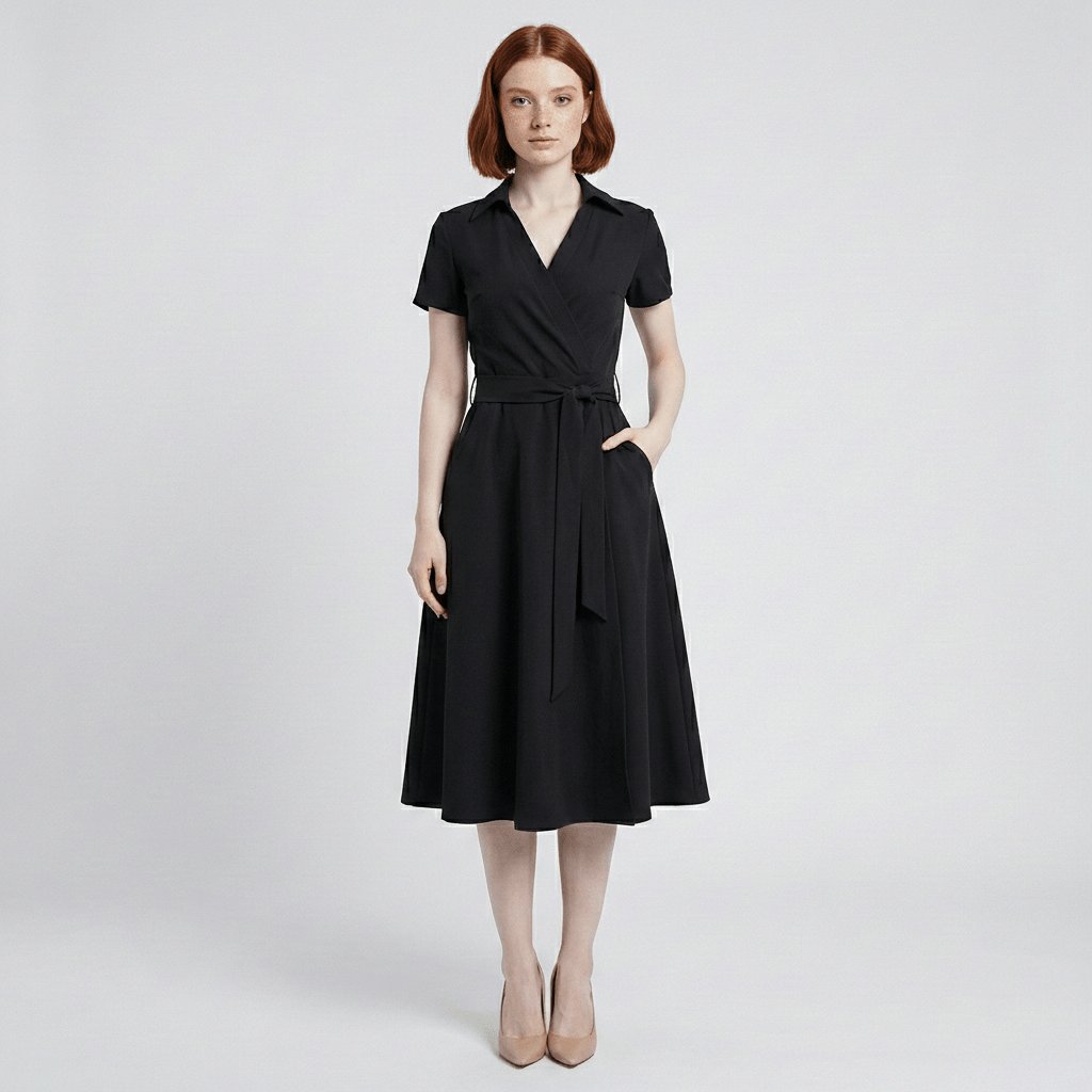 Women's V-Neck Wrap-Style A-Line Midi Dress Waist Tie - Variant Style 13 | Lavisa