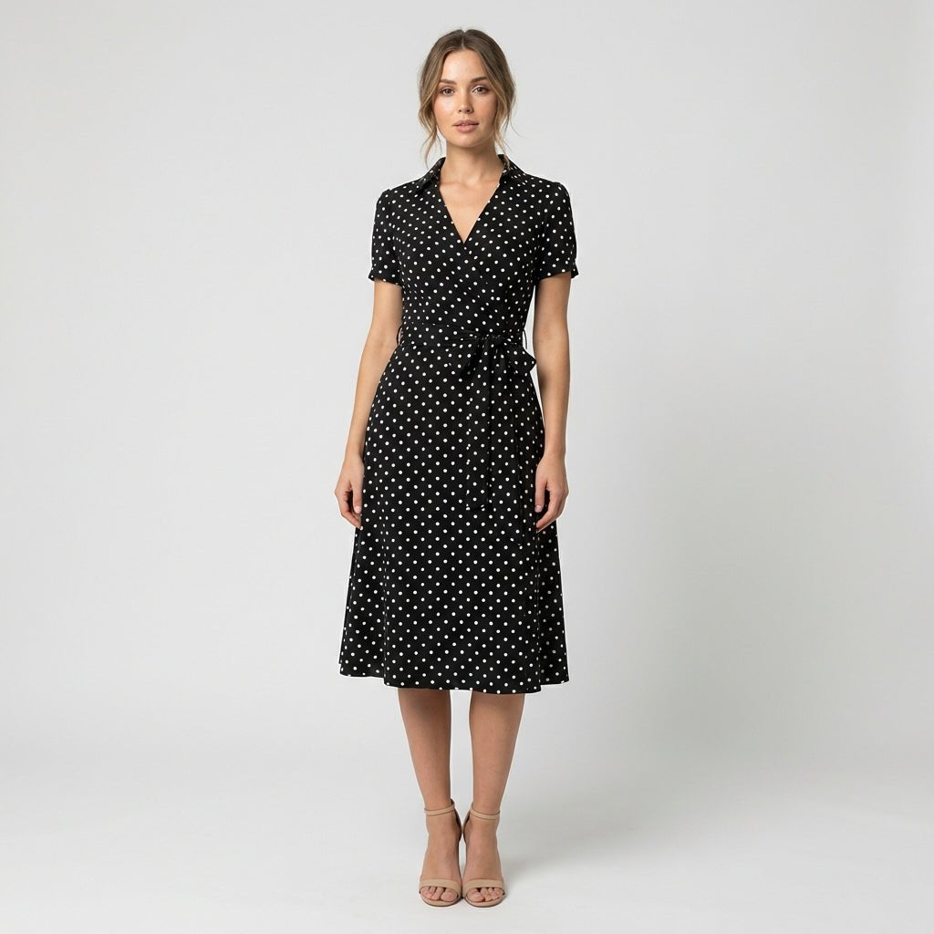 Women's V-Neck Wrap-Style A-Line Midi Dress Waist Tie - Variant Style 16 | Lavisa