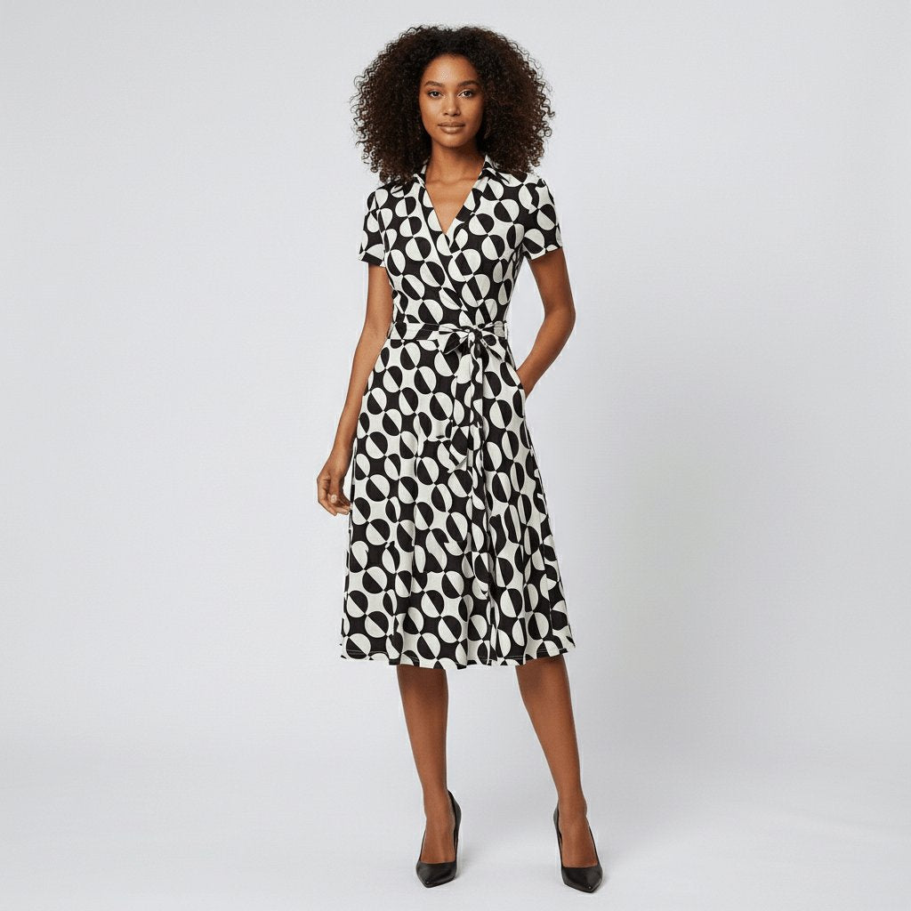 Women's V-Neck Wrap-Style A-Line Midi Dress Waist Tie - Variant Style 19 | Lavisa
