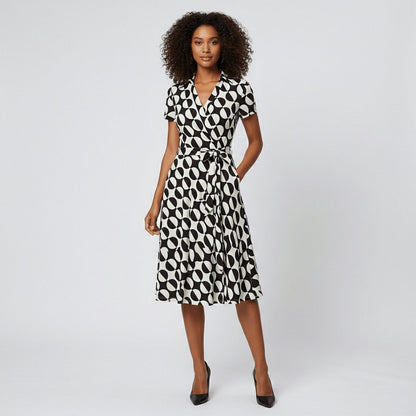 Women's V-Neck Wrap-Style A-Line Midi Dress Waist Tie - Variant Style 19 | Lavisa
