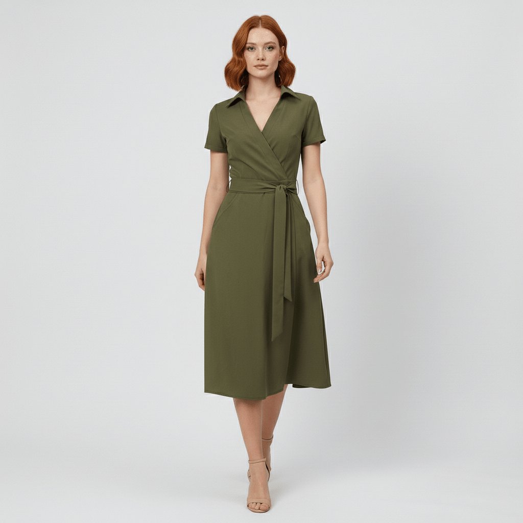 Women's V-Neck Wrap-Style A-Line Midi Dress Waist Tie - Side Angle | Lavisa