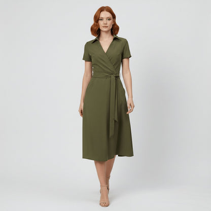 Women's V-Neck Wrap-Style A-Line Midi Dress Waist Tie - Side Angle | Lavisa