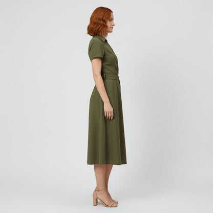 Women's V-Neck Wrap-Style A-Line Midi Dress Waist Tie - Back View | Lavisa