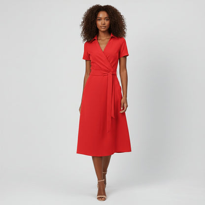 Women's V-Neck Wrap-Style A-Line Midi Dress Waist Tie - Close-Up Texture & Detail | Lavisa