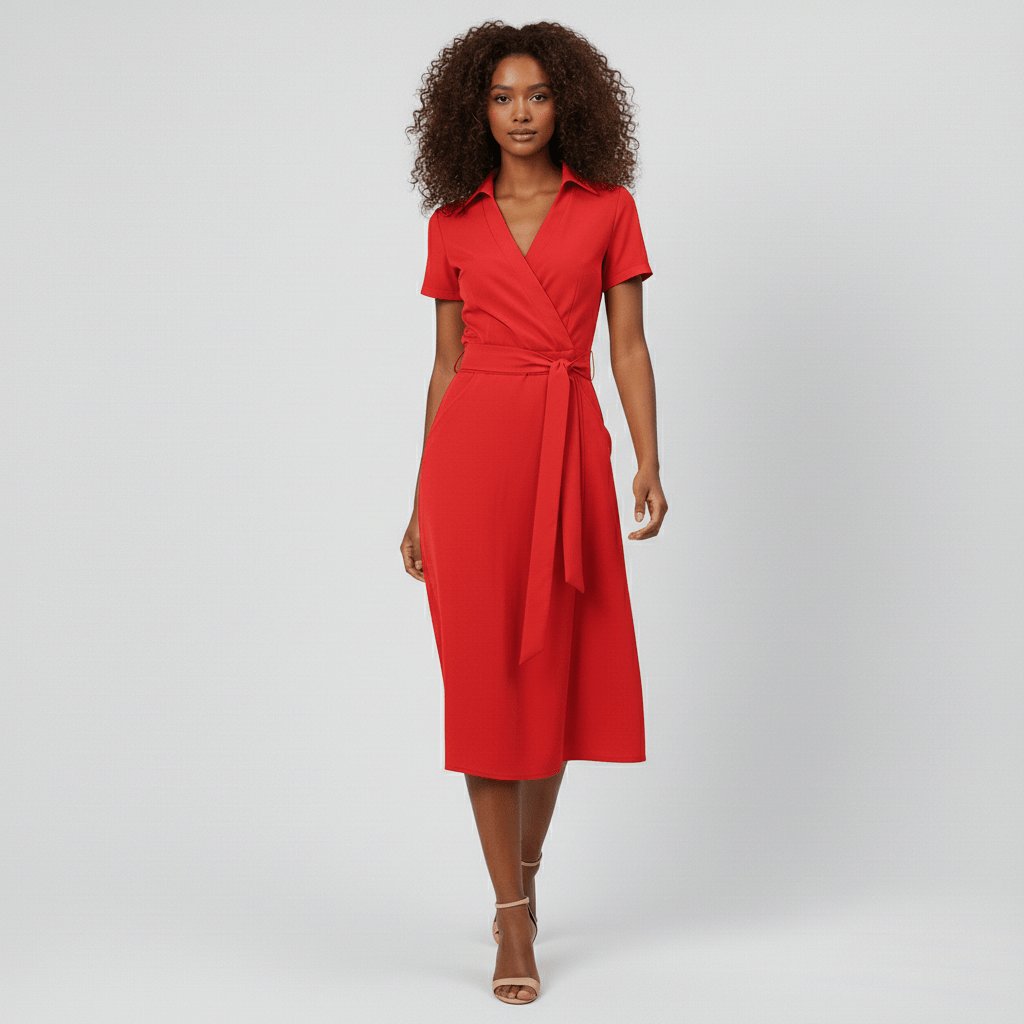 Women's V-Neck Wrap-Style A-Line Midi Dress Waist Tie - Sole & Material View | Lavisa