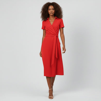 Women's V-Neck Wrap-Style A-Line Midi Dress Waist Tie - Sole & Material View | Lavisa