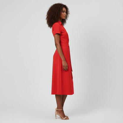 Women's V-Neck Wrap-Style A-Line Midi Dress Waist Tie - Lifestyle & Model Angle | Lavisa