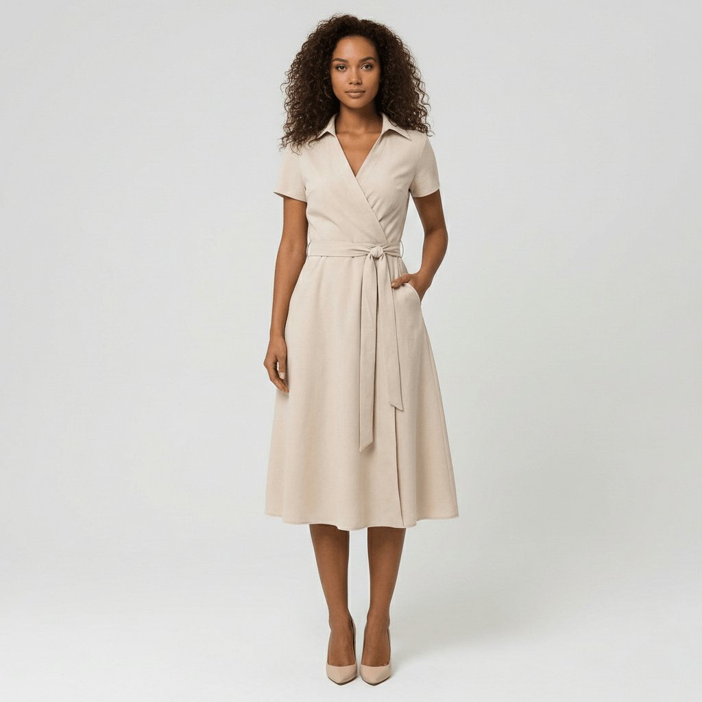 Women's V-Neck Wrap-Style A-Line Midi Dress Waist Tie - Variant Angle | Lavisa