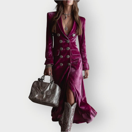 Women's Velvet Double-Breasted Maxi Formal Dresses Long Sleeve - Front View | Lavisa