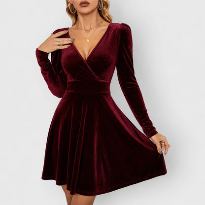 Lavisa - Women's Velvet Skater Formal Dresses Deep V-Neck Long Sleeve