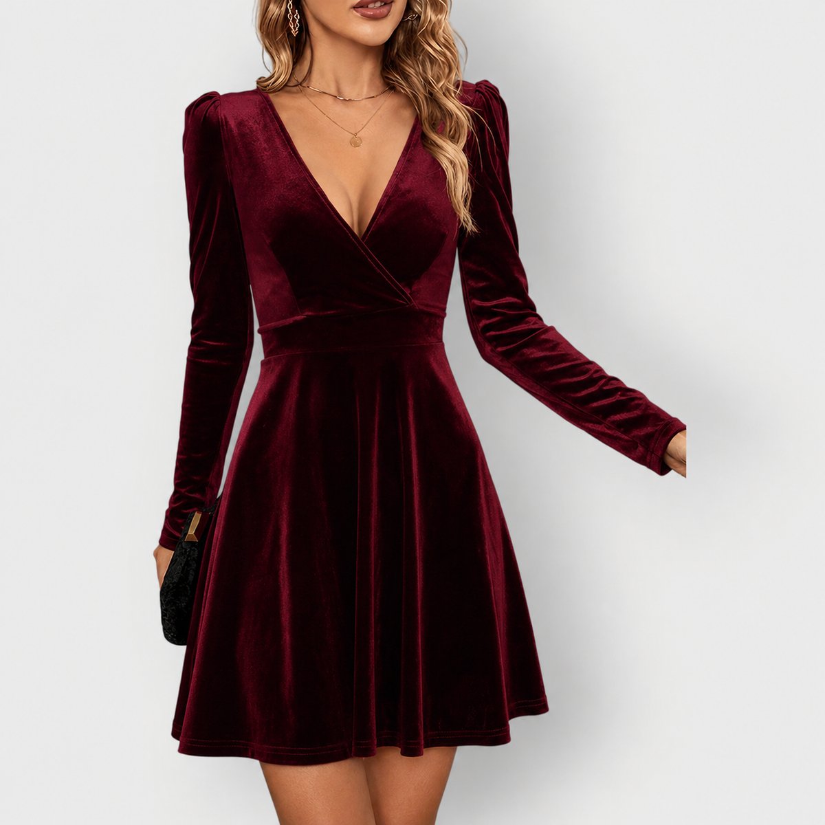 Lavisa - Women's Velvet Skater Formal Dresses Deep V-Neck Long Sleeve