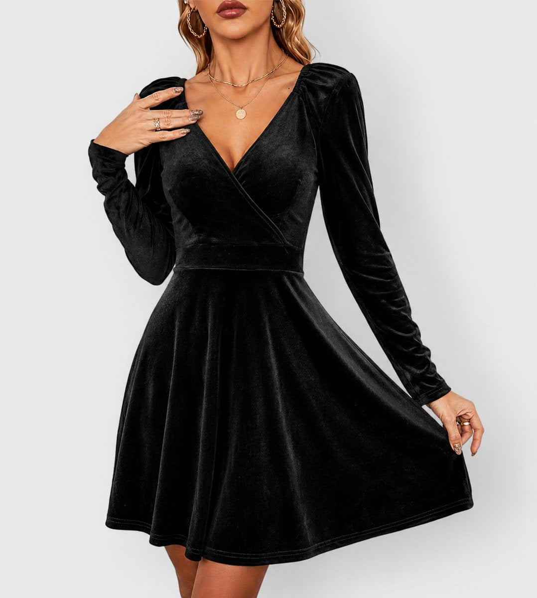 Lavisa - Women's Velvet Skater Formal Dresses Deep V-Neck Long Sleeve