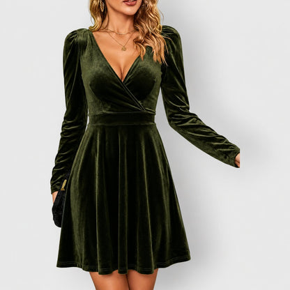 Lavisa - Women's Velvet Skater Formal Dresses Deep V-Neck Long Sleeve