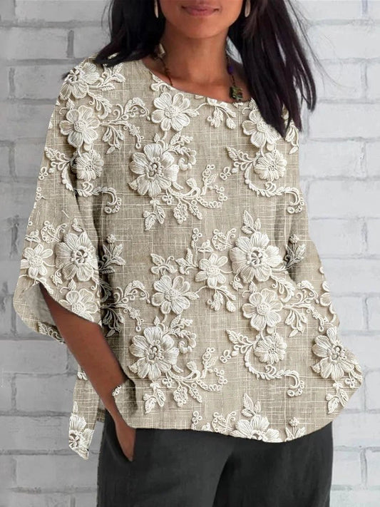 Women's Vintage Floral Embroidered Relaxed Three-Quarter Sleeve Blouse - Front View | Lavisa