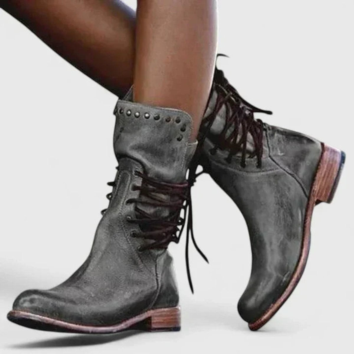 Women's Vintage Lace-Up Studded Knee High Boots Low Block Heel - Front View | Lavisa