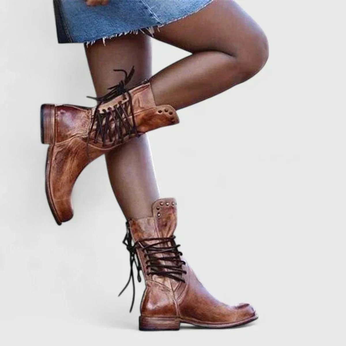 Women's Vintage Lace-Up Studded Knee High Boots Low Block Heel - Side Angle | Lavisa
