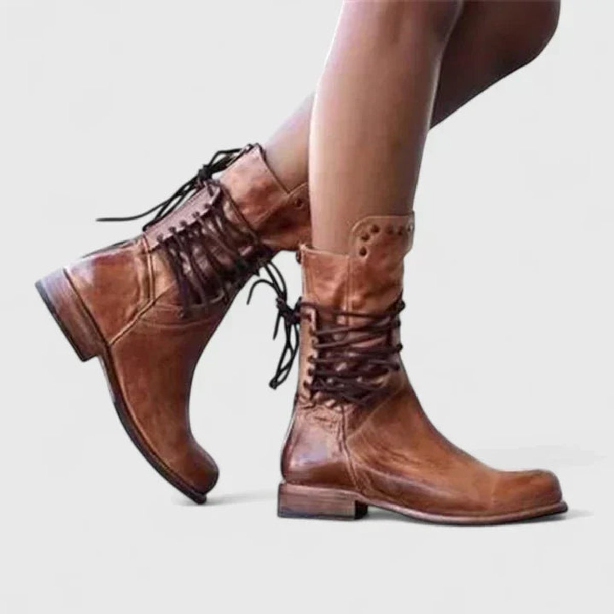 Women's Vintage Lace-Up Studded Knee High Boots Low Block Heel - Back View | Lavisa