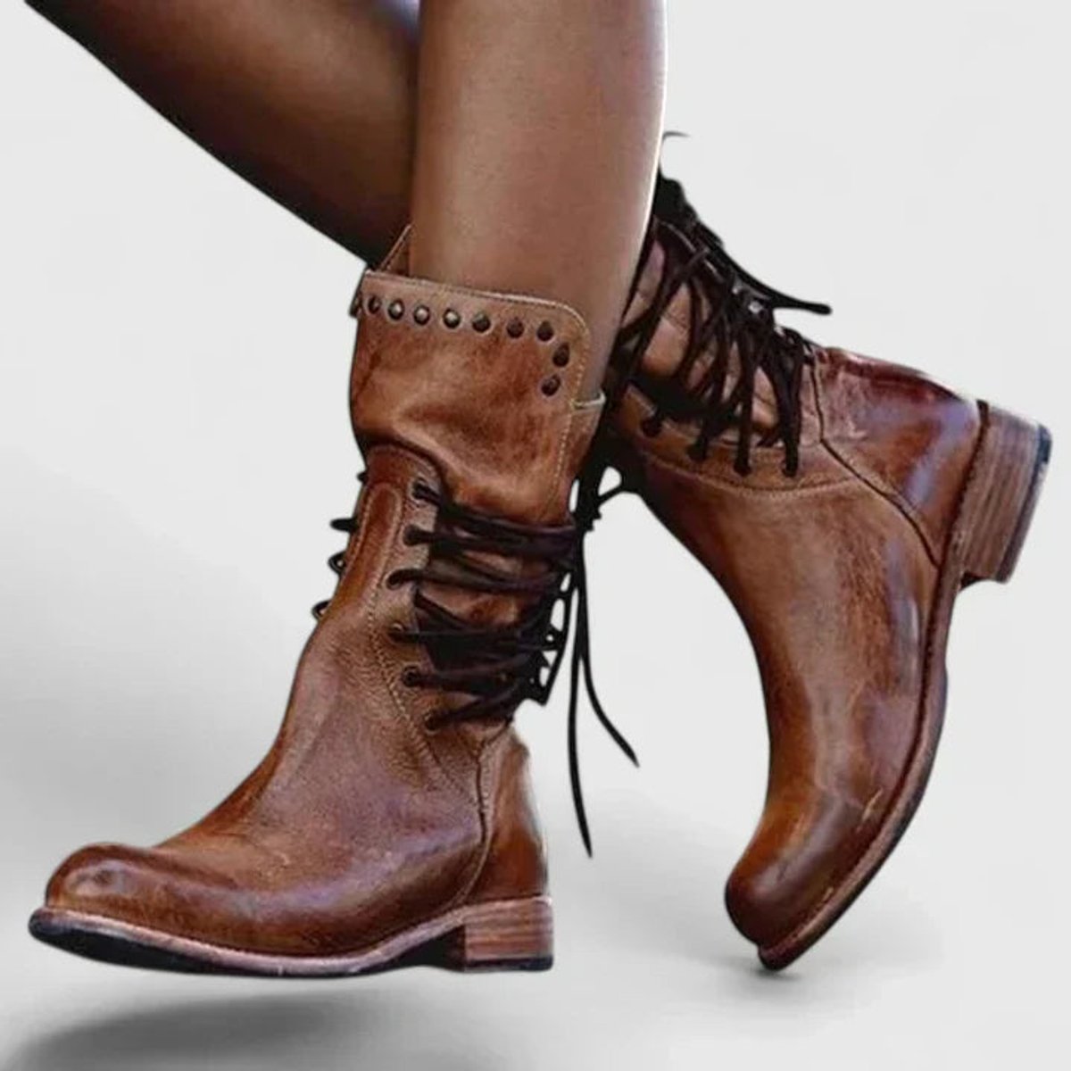 Women's Vintage Lace-Up Studded Knee High Boots Low Block Heel - Close-Up Texture & Detail | Lavisa