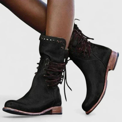 Women's Vintage Lace-Up Studded Knee High Boots Low Block Heel - Sole & Material View | Lavisa