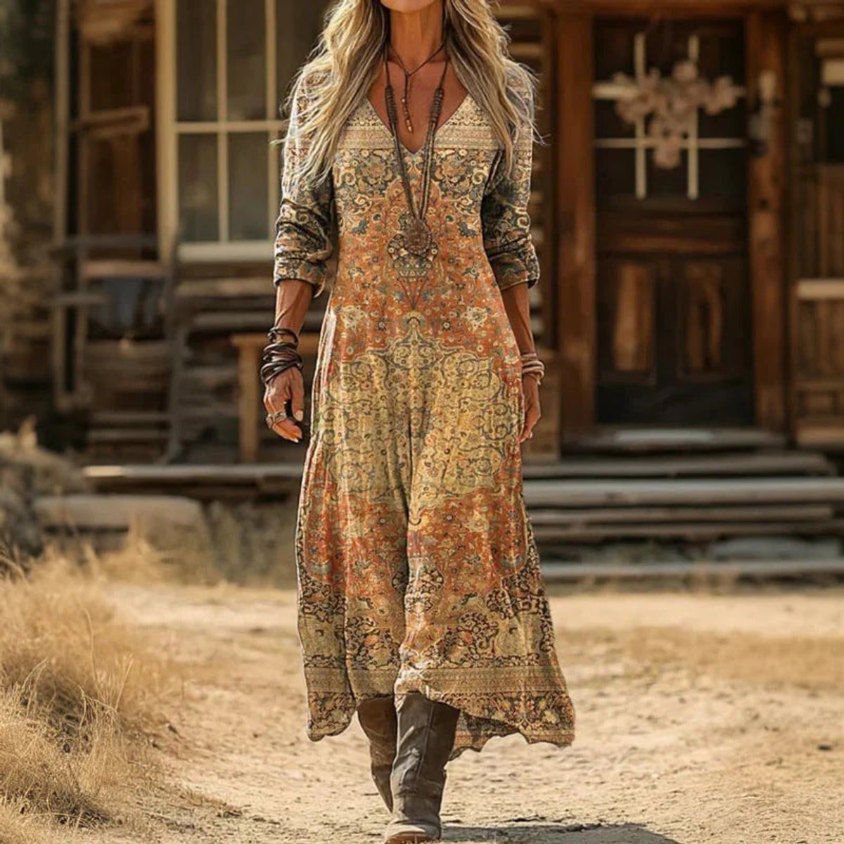 Vintage Print V-Neck Maxi Dress - Side Angle | Lavisa