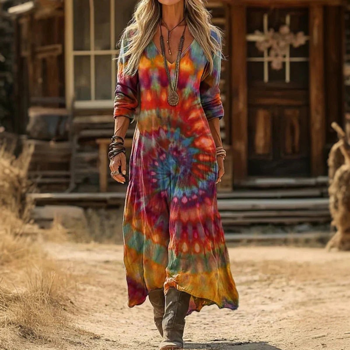 Vintage Print V-Neck Maxi Dress - Close-Up Texture & Detail | Lavisa