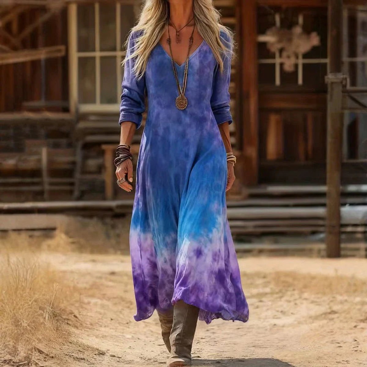 Vintage Print V-Neck Maxi Dress - Sole & Material View | Lavisa