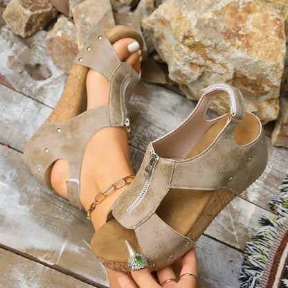 Lavisa - Women's Wedge Sandals Open-Toe Cork Platform Zip Front