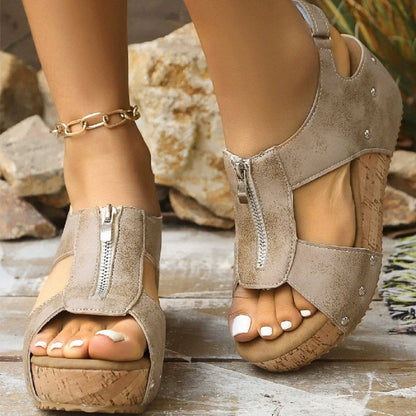 Lavisa - Women's Wedge Sandals Open-Toe Cork Platform Zip Front