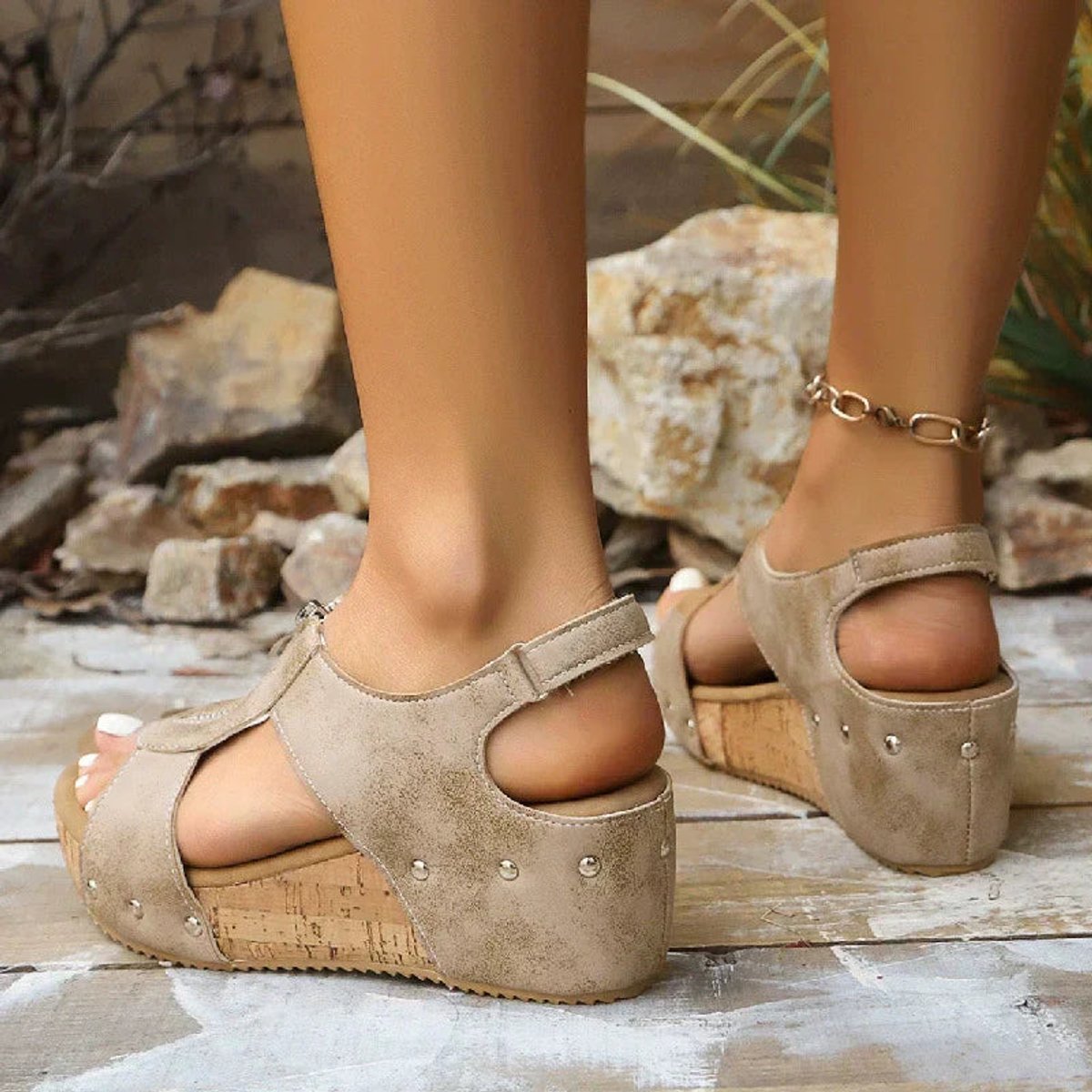 Lavisa - Women's Wedge Sandals Open-Toe Cork Platform Zip Front