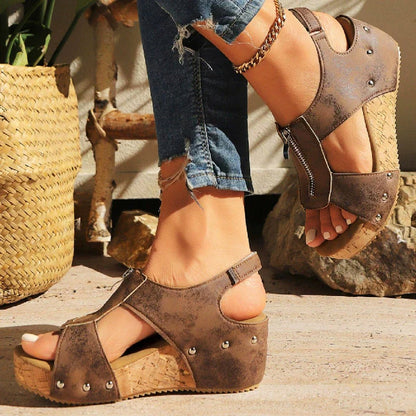 Lavisa - Women's Wedge Sandals Open-Toe Cork Platform Zip Front