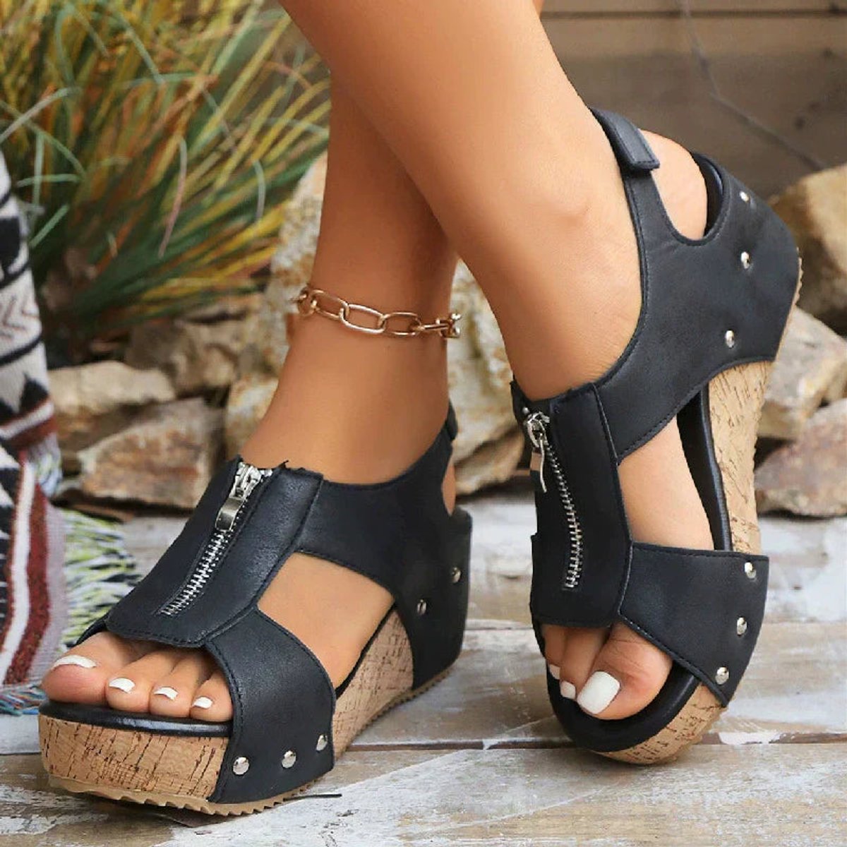 Lavisa - Women's Wedge Sandals Open-Toe Cork Platform Zip Front