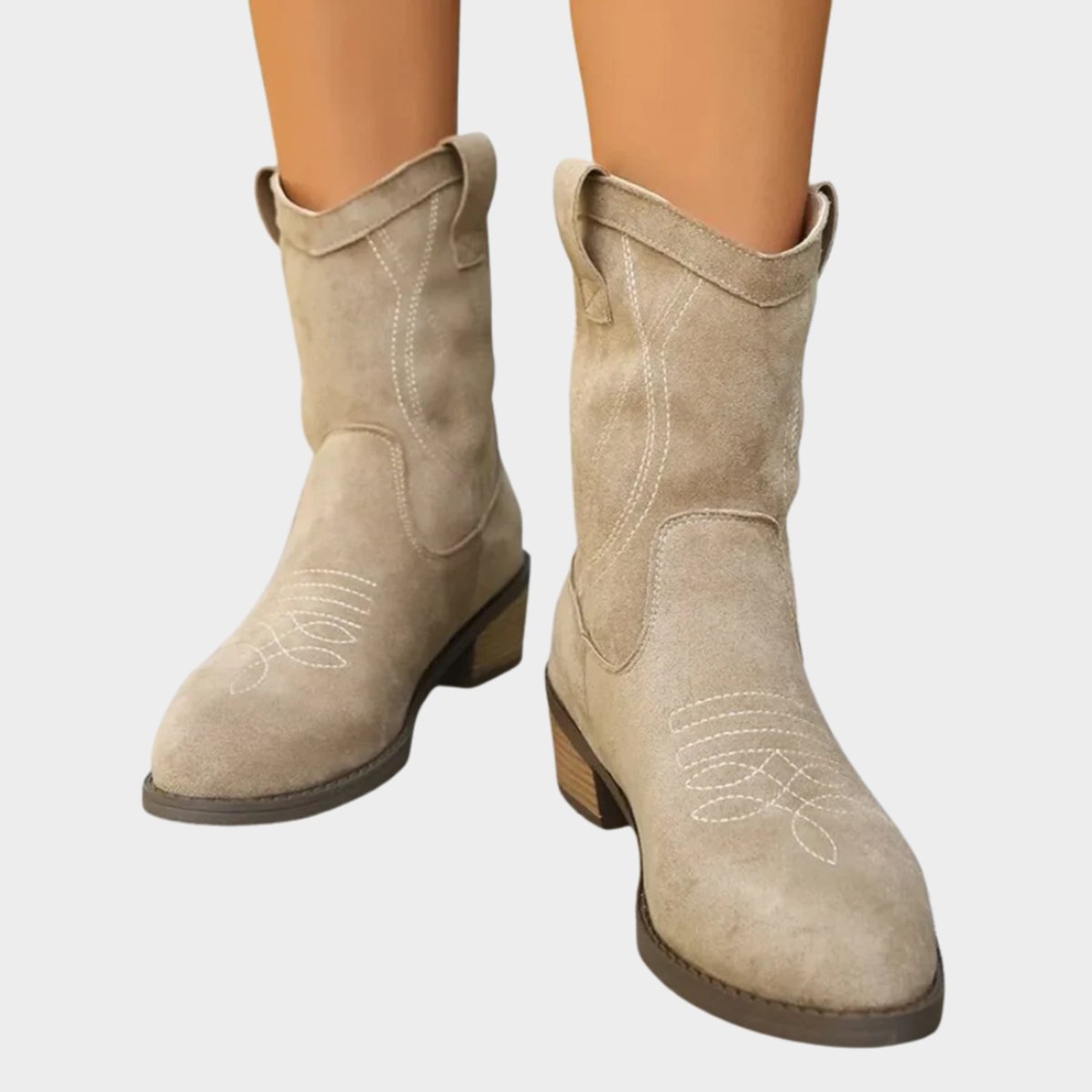 Women's Western-Stitch Suede Cowboy Ankle Boots - Front View | Lavisa